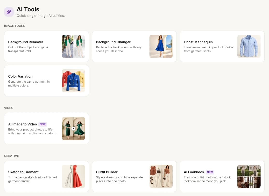 The AI Tools page with the tools grouped under IMAGE TOOLS, VIDEO and CREATIVE