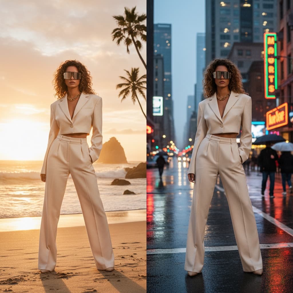 The same model in a cream suit with two different backgrounds: a beach at sunset and a rainy city street at night