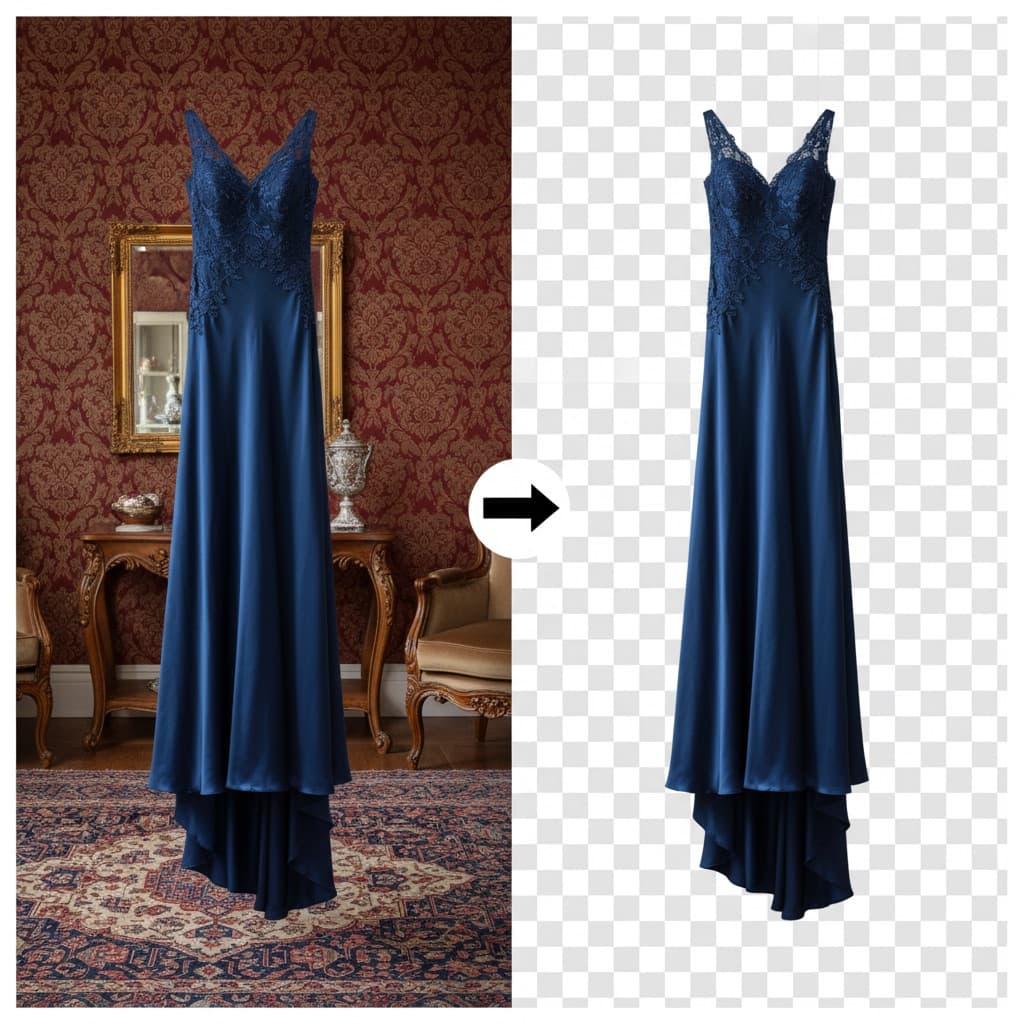 A navy blue gown photographed in an ornate room, and the same gown with the background removed, on a transparent background