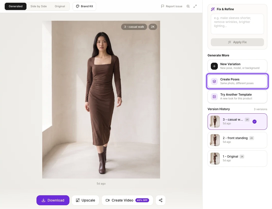 The Photo Shoot Result page with the Create Poses button highlighted under Generate More