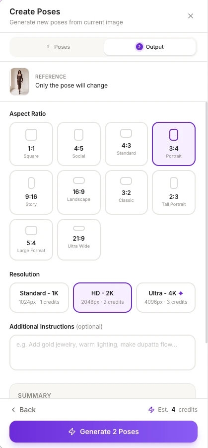 The Output step of Create Poses with the aspect ratios, the resolutions, Additional Instructions and the Generate 2 Poses button