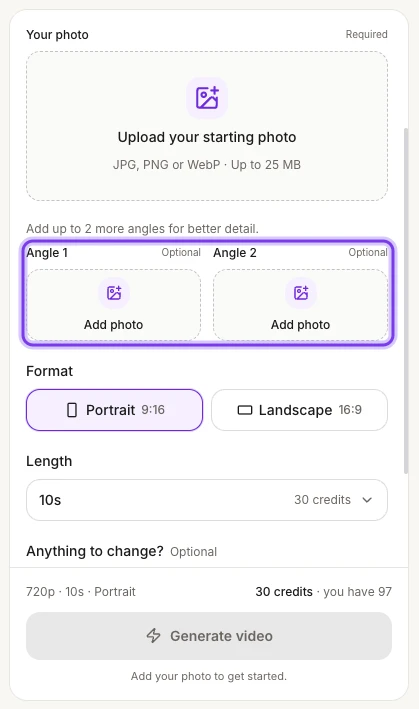 The AI Image to Video panel with the Your photo upload, Format, Length and Generate video, and the Angle 1 and Angle 2 slots highlighted