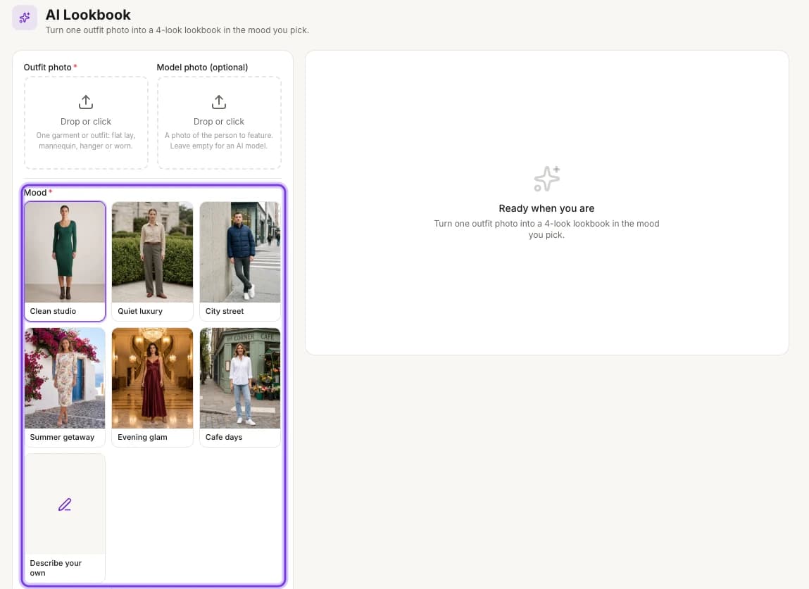 The AI Lookbook page with the Outfit photo and Model photo (optional) uploads, and the Mood options highlighted