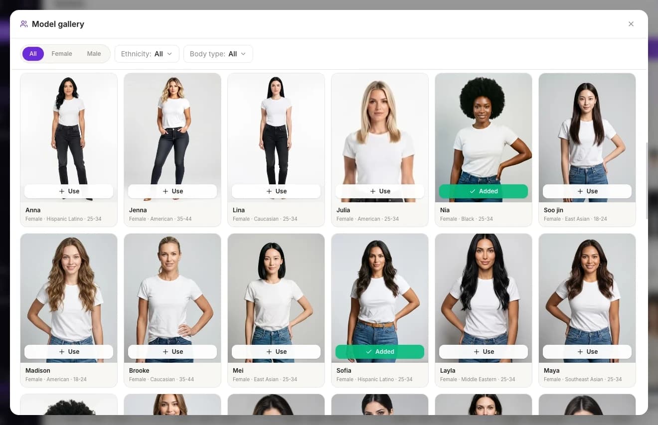 The Model gallery with the All, Female and Male filter, the Ethnicity and Body type menus, and model cards with Use and Added buttons