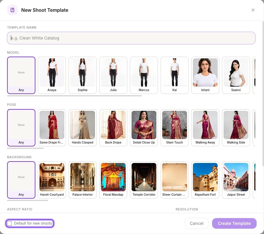 The New Shoot Template window with the TEMPLATE NAME field, the MODEL, POSE and BACKGROUND rows and Create Template, and the Default for new shoots checkbox highlighted