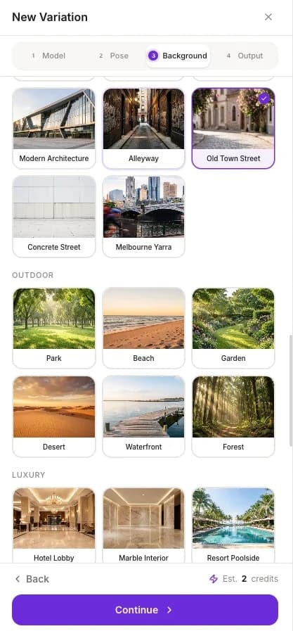 The Background step of New Variation with Old Town Street selected among the Urban backgrounds, the Outdoor and Luxury backgrounds below, and Est. 2 credits in the footer