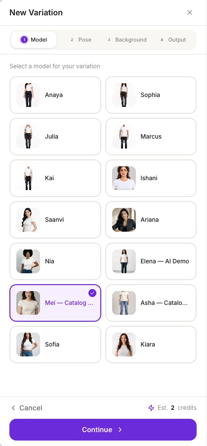 The New Variation panel on its Model step, with the saved models and a check mark on the current model