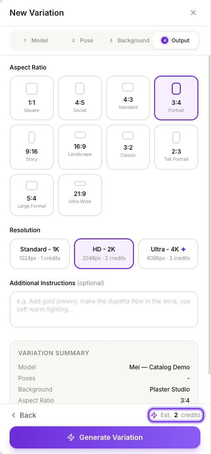 The Output step of New Variation with the aspect ratios, resolutions, Additional Instructions and the summary, and the Est. credits line highlighted above Generate Variation