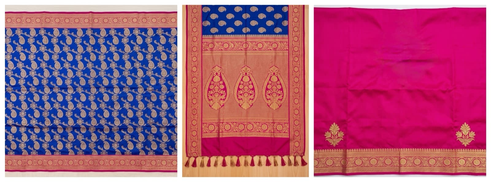 Three photos of one saree laid flat: a royal blue body with gold paisleys and a pink border, a pink and gold pallu with tassels, and a plain pink blouse piece with a gold border