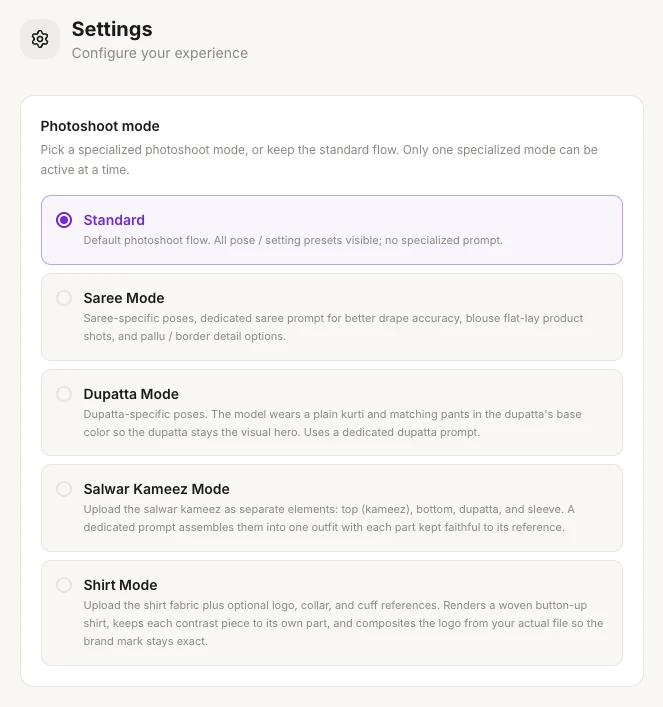 The Photoshoot mode section of Settings with Standard selected, above Saree Mode, Dupatta Mode, Salwar Kameez Mode and Shirt Mode