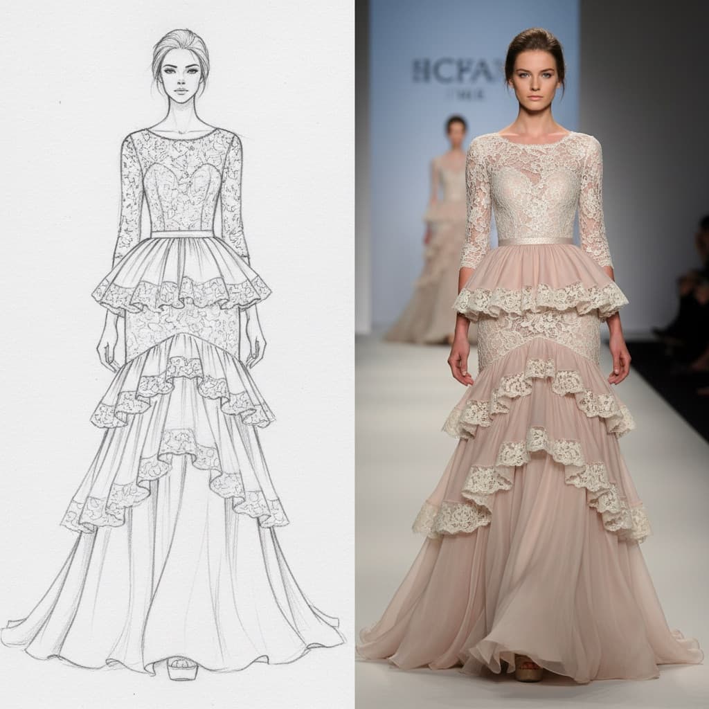A pencil fashion sketch of a tiered lace gown next to a realistic photo of a model wearing the finished gown on a catwalk