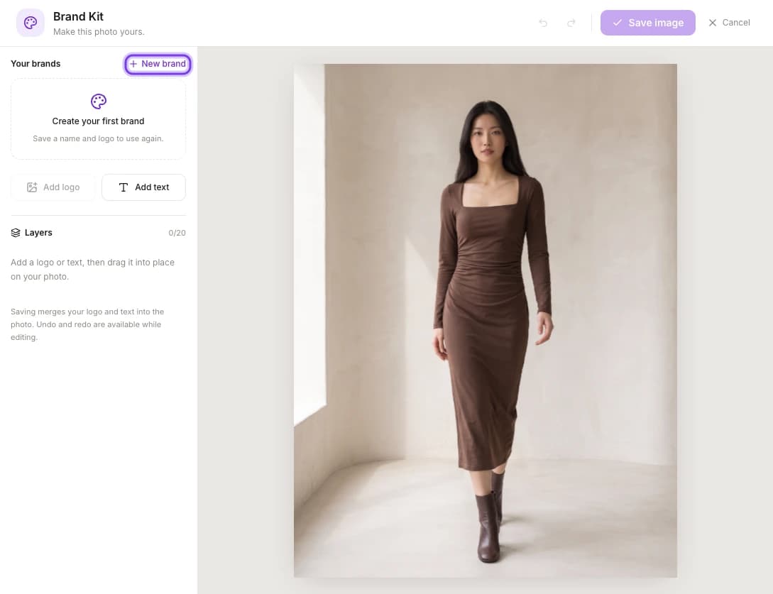 Brand Kit open on a photo, with Your brands, Add logo, Add text and Layers on the left, Save image and Cancel at the top, and New brand highlighted