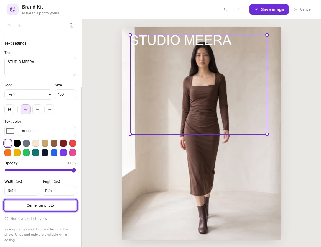 The Text settings in Brand Kit with Font, Size, bold and alignment, Text color, Opacity, and Width and Height, and the Center on photo button highlighted