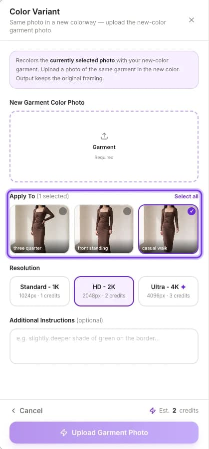 The Color Variant panel with the New Garment Color Photo upload, Resolution and the credit estimate, and Apply To highlighted with the photos to choose from