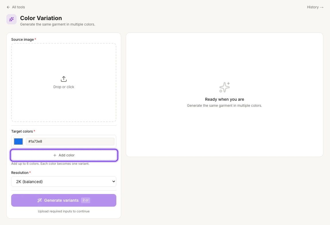 The AI Color Variation page with the Source image upload, a target color, Resolution and Generate variants, and the Add color button highlighted