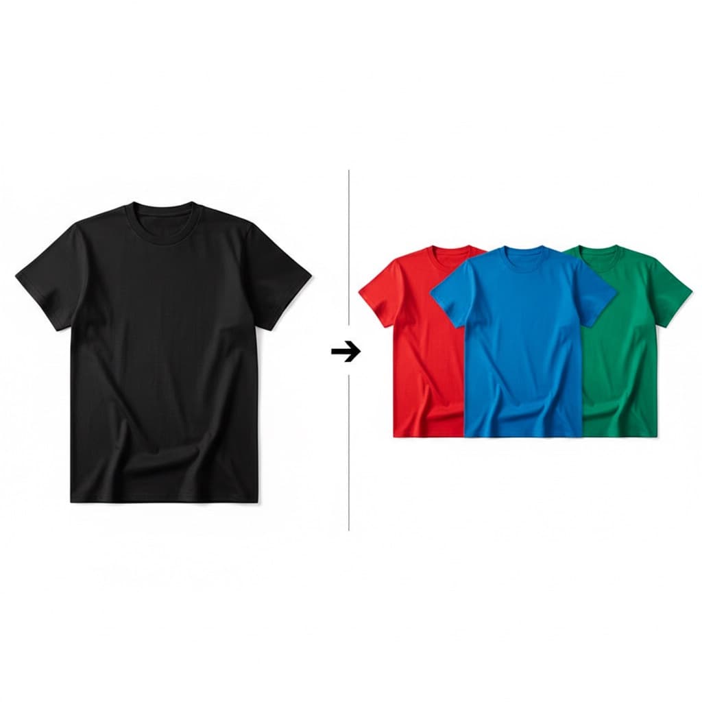 A black T-shirt and the same T-shirt in three color variations: red, blue and green