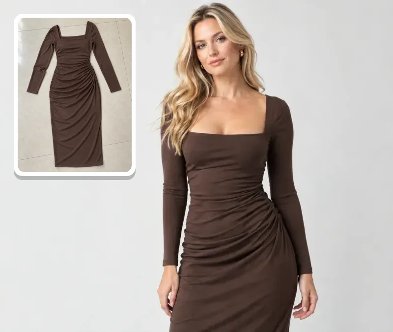 AI model photoshoot example: a cocoa-brown ruched dress photographed on the floor, and a model wearing it