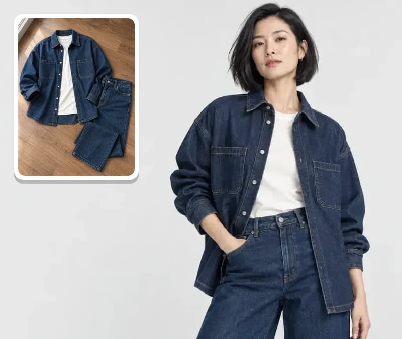 AI model photoshoot example: an indigo denim shirt and jeans laid flat, and a model wearing them