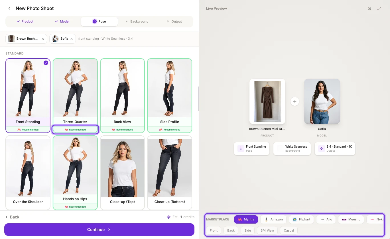 The Pose step with Myntra selected, and the MARKETPLACE bar and the Recommended label on the Three-Quarter pose highlighted