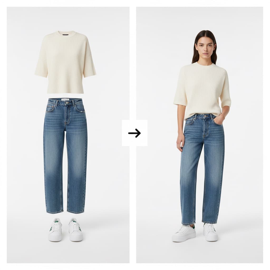 A cream sweater, blue jeans and white sneakers shown separately, then worn together by a model