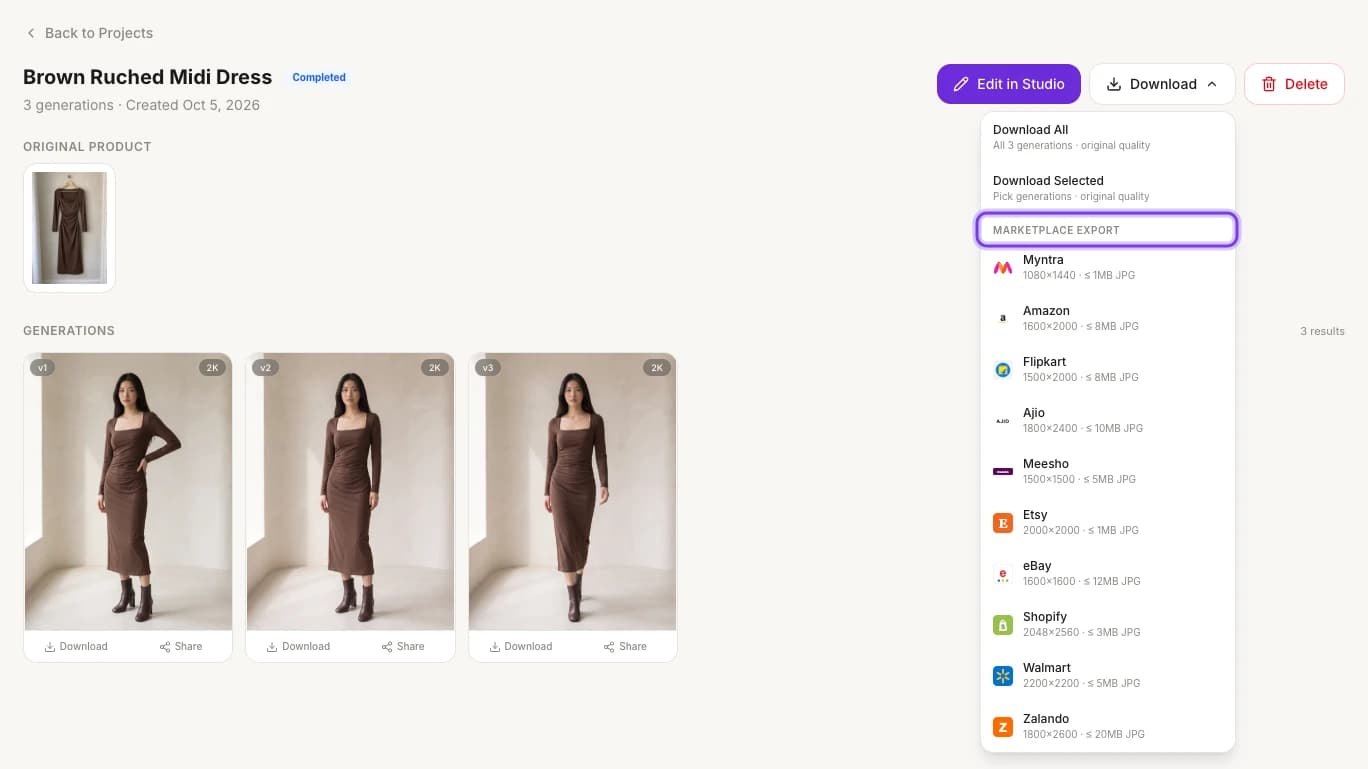 The Download menu on a project's page, with Download All, Download Selected and the marketplace sizes, and the MARKETPLACE EXPORT heading highlighted