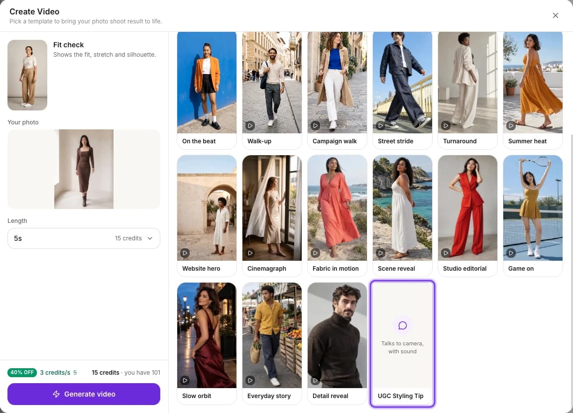 The Create Video window in a project with Fit check selected, Length and the credit total, and the UGC Styling Tip template highlighted at the end of the templates